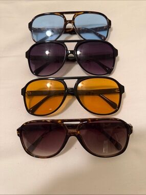 Set of 4 Aviator Sunglasses in Tortoiseshell, Black, Blue, Yellow Lenses Lot